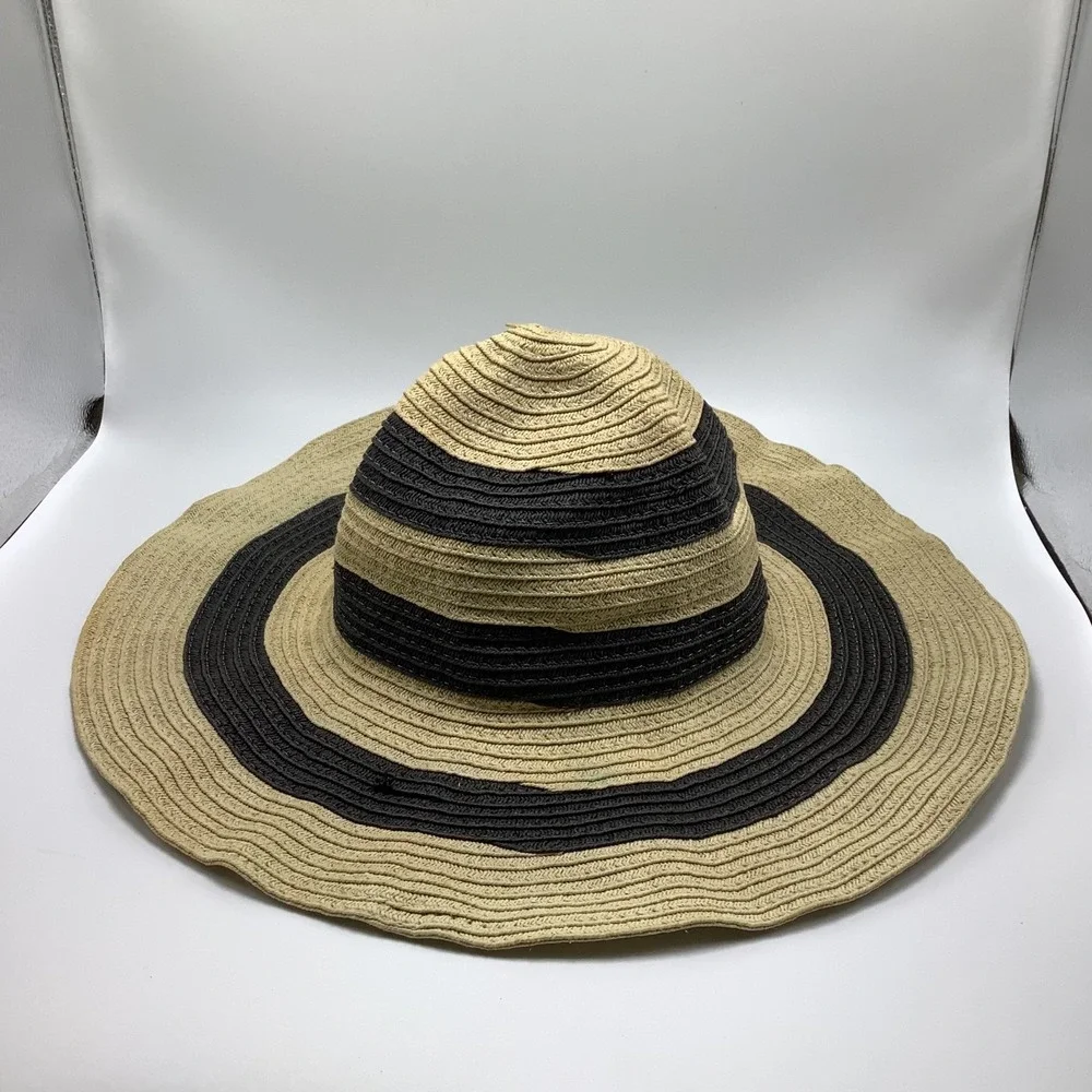 Panama Jack Womans Straw Sun Hat Tan‎ Black Beach Hat Wide Brim